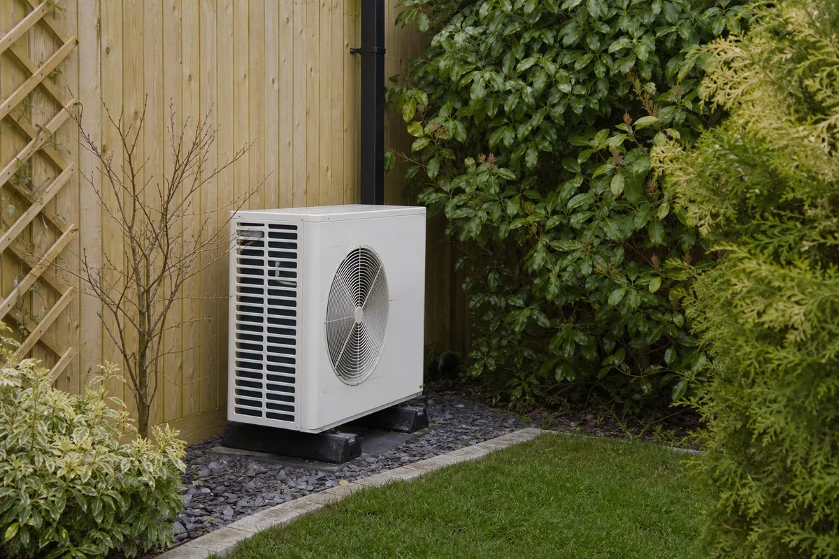 Air source heat pump discreetly installed in the garden corner of a Gateshead home