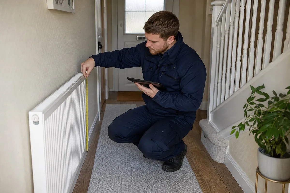 Engineer surveying radiators during a Gateshead heat loss survey